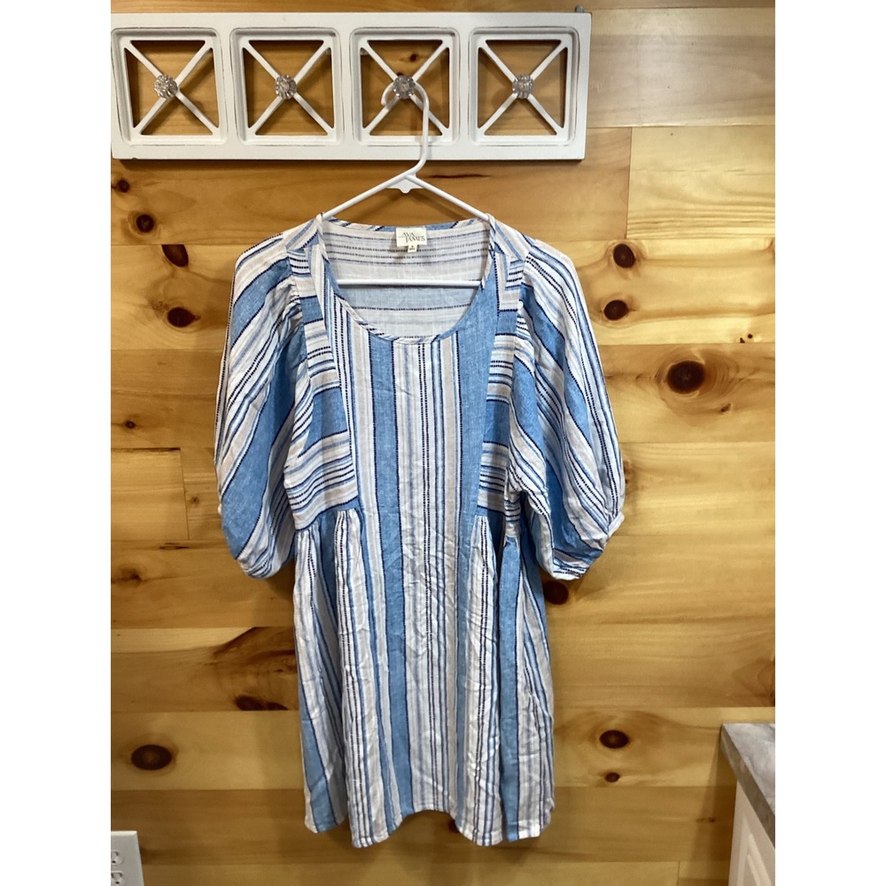 Ava James Blue White Striped Linen Blend Puff Sleeve Babydoll Mini Dress Small